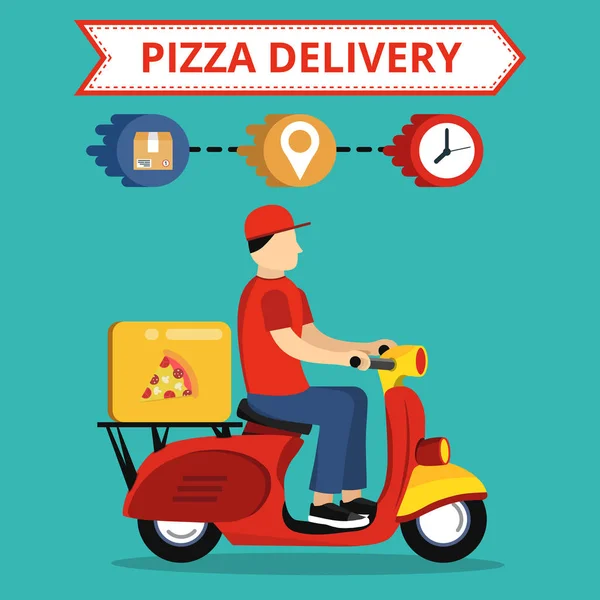 Scooter üzerinde hızlı pizza teslimat hizmeti kavramı. Deniz mavisi arka plan üzerinde düz vektör illüstrasyon
