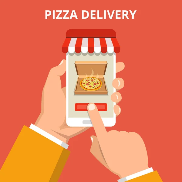 Illustrazione Vettoriale Della Pizza Ordine Online Smartphone Mano Con Pizza — Vettoriale Stock