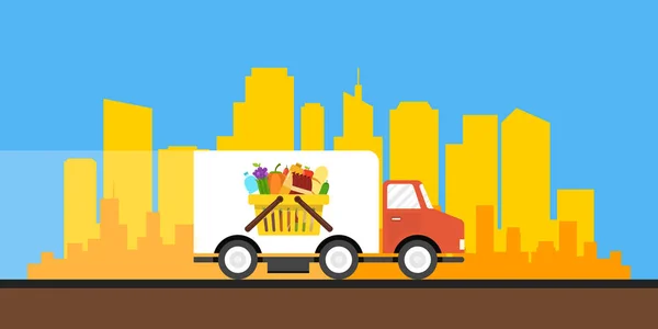 城市建筑上食品运输卡车的矢量图 — 图库矢量图片