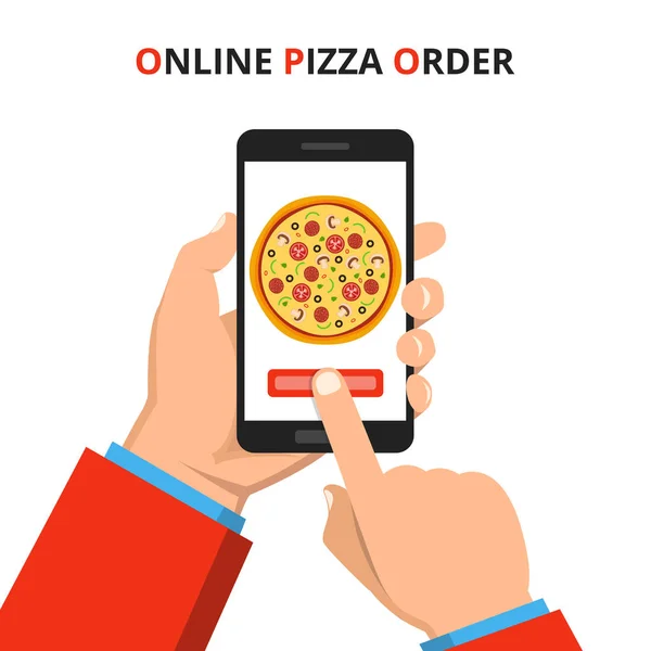 向量例证在线命令比萨饼 手拿着智能手机与比萨饼在屏幕上在白色背景 — 图库矢量图片