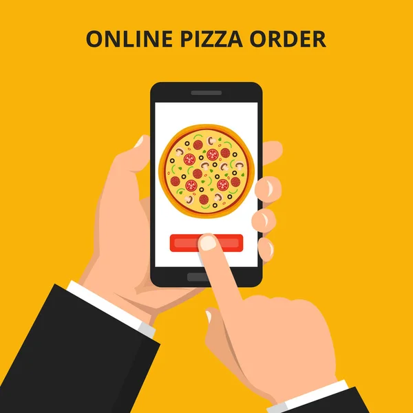 向量例证在线命令比萨饼 手拿着智能手机与比萨饼在屏幕上在黄色背景 — 图库矢量图片