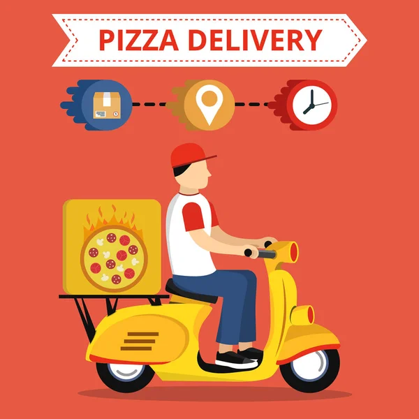 Concept Fast Pizza Delivery Service Scooter Flat Vector Illustration Red — Stock Vector