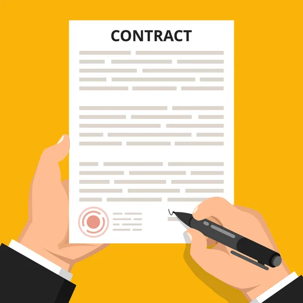 Biznesmen Ręka Posiadania Pióra Podpisania Umowy Biznesowej Płaska Ilustracja Wektorowa — Wektor stockowy