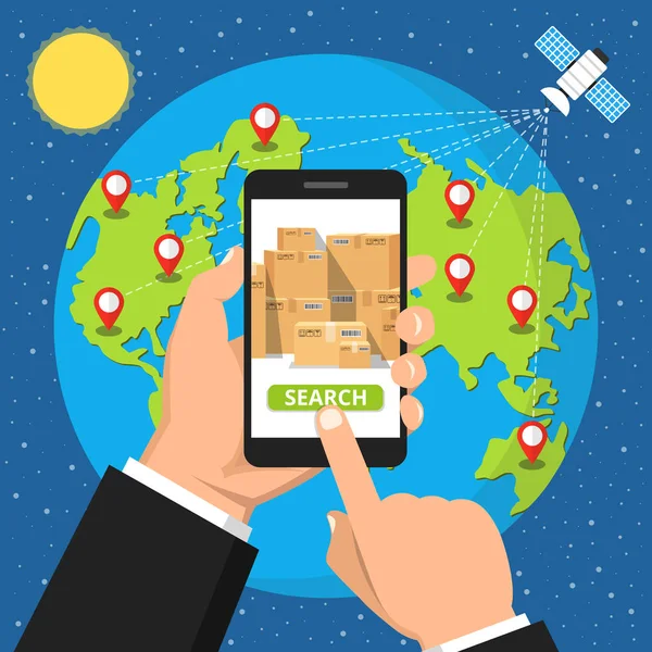 Ilustração Vetorial Rastreamento Pedidos Online Mão Segurando Smartphone Entrega Mundial —  Vetores de Stock