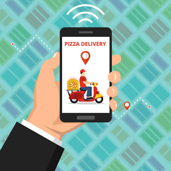Concept of the fast delivery service. Hand holding smartphone with scooter or motorbike on the screen. Flat vector illustration over abstract background