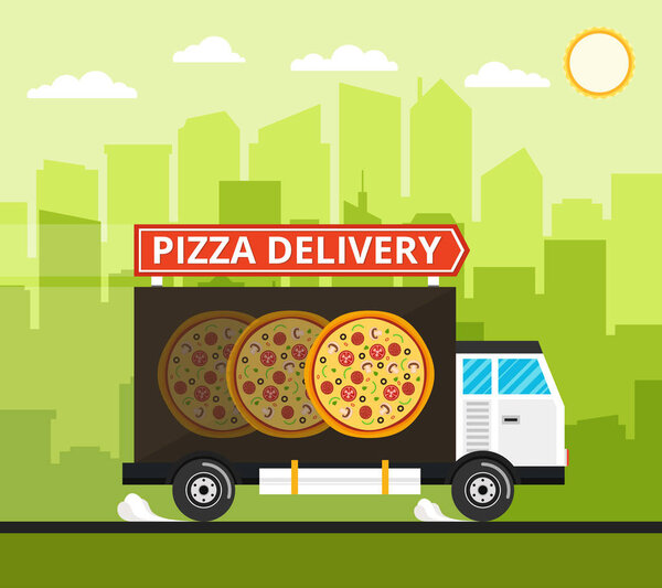 vector illustration of pizza delivery truck over city buildings 