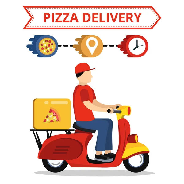 Scooter üzerinde hızlı pizza teslimat hizmeti kavramı. Beyaz arka plan üzerinde düz vektör çizim