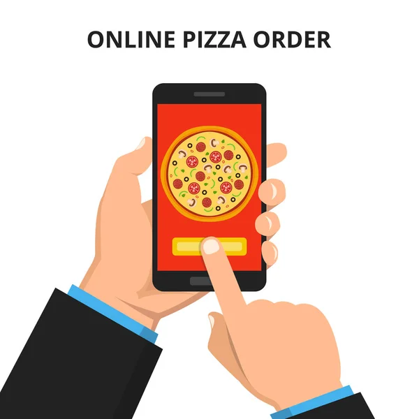 Vector Illustration Online Order Pizza Hand Holding Smartphone Pizza Screen — Stock Vector