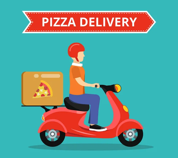 Concetto Del Servizio Consegna Pizza Veloce Scooter Illustrazione Vettoriale Piatta — Vettoriale Stock