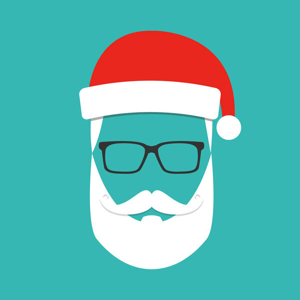 Santa claus with beard, mustache and glasses. Greeting card in hipster style. Vector illustration over teal background