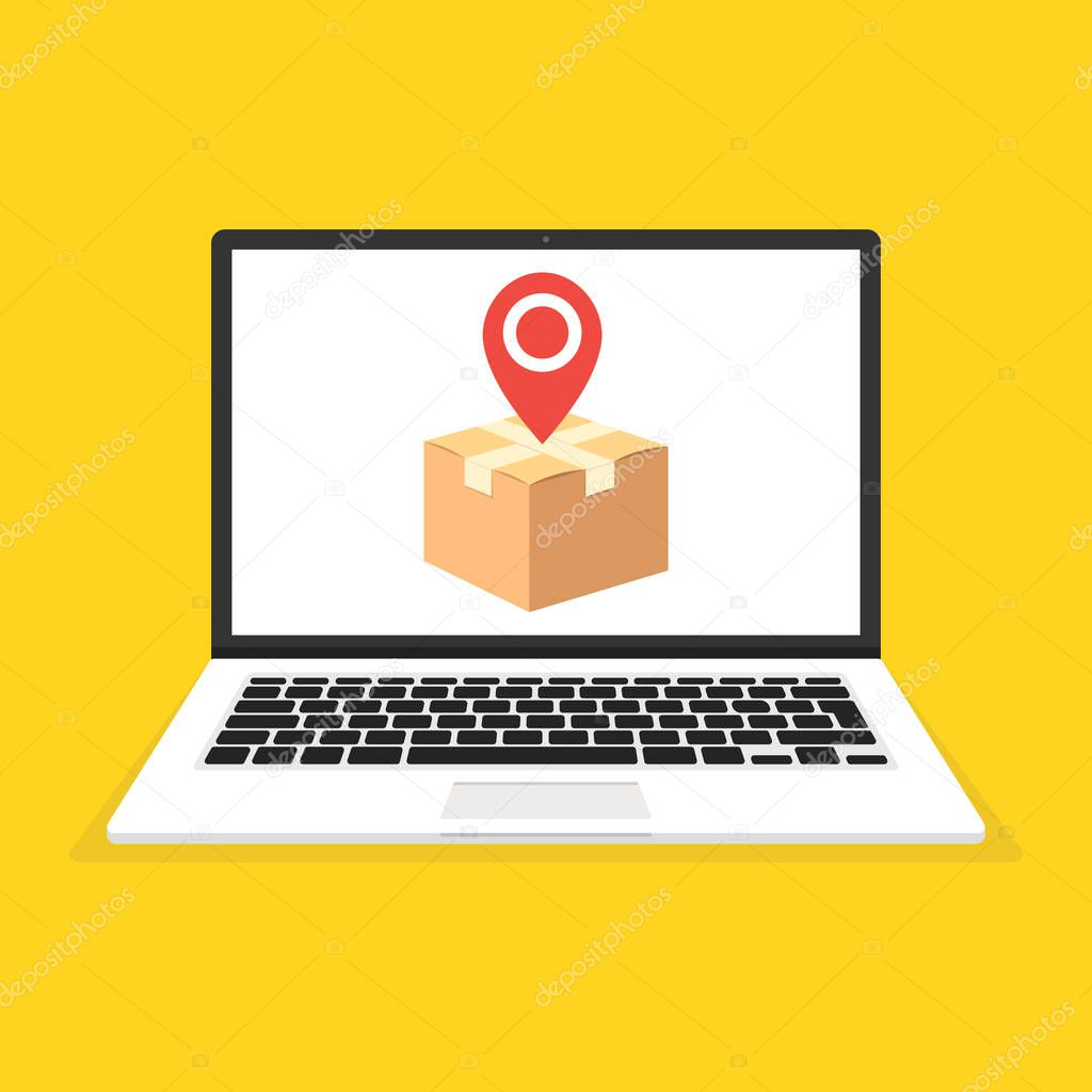 Laptop with cardboard box and pin on screen. Vector illustration over yellow background