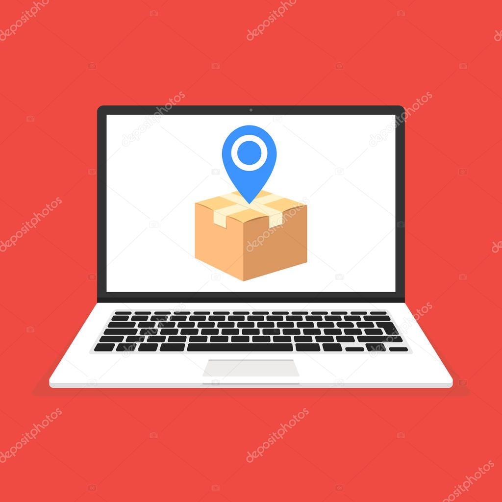 Laptop with cardboard box and pin on screen. Vector illustration over red background