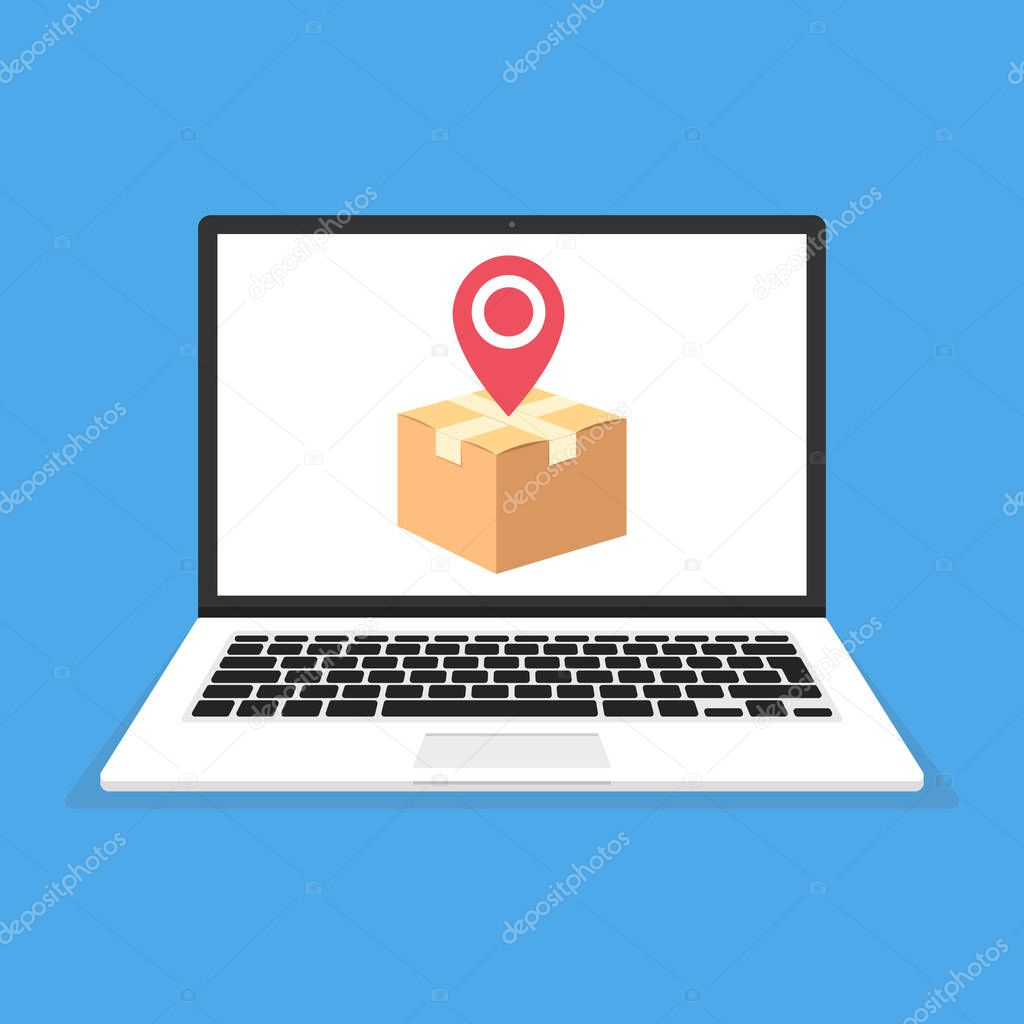 Laptop with cardboard box and pin on screen. Vector illustration over blue background