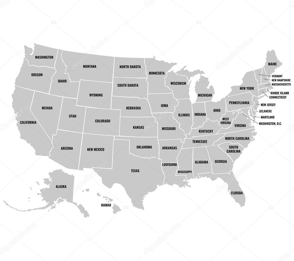 Gray Political map of USA, United States of America vector illustration