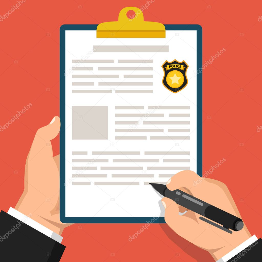 Hand holding clipboard with completed form for police report. Flat vector illustration over red background