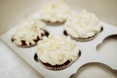 Kutusunda beyaz kremalı dekorasyonu ile Çikolata Cupcakes görünümü Kapat