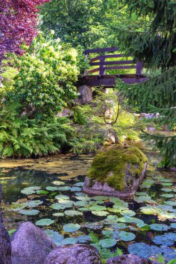 Polonya 'nın Karpacz kentindeki Siruwia Japon Bahçesi' nde güzel düzenlenmiş ve sergilenmiş huzurlu zen bahçesi.