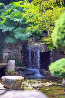 Polonya 'nın Karpacz kentindeki Siruwia Japon Bahçesi' nde güzel düzenlenmiş ve sergilenmiş huzurlu zen bahçesi.