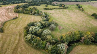 Tarlaların, çayırların, tarlaların ve sonbahar ormanlarının en üst görüntüsü. Dönen nehirleri olan Çek kırsal tarım arazisi. Drone görünümü.