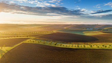 Yaz sonlarının güzel manzarası, tarlaları, tepeleri ve günbatımı. Çek Cumhuriyeti - Güney Moravya (Moravya Tuscany) Tarım, seyahat, çevre ve doğa kavramı. Drone görünümü.