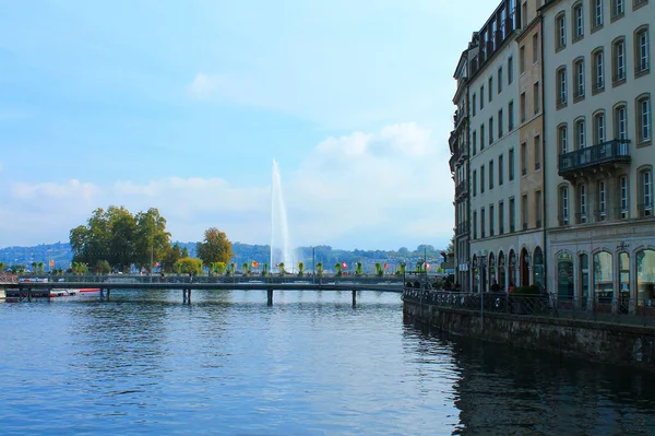 Pohled Jezero Ženevě Fontánu Švýcarsko — Stock fotografie