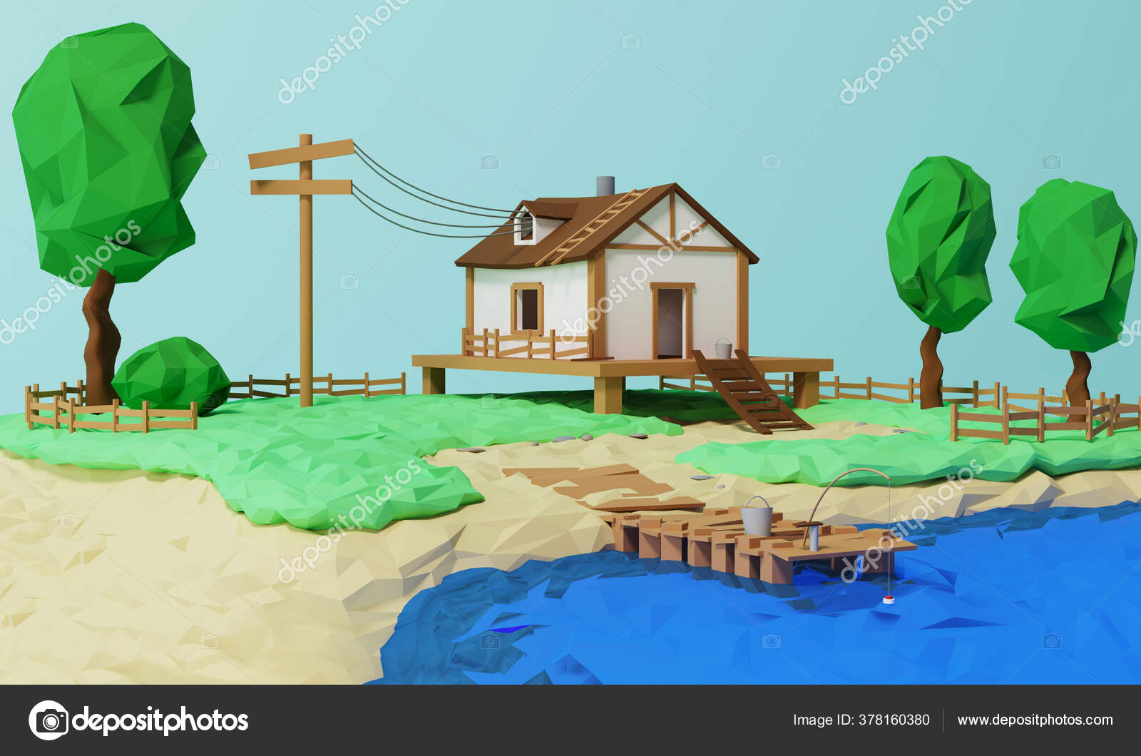 Lanskap Dengan Rumah Pedesaan Dengan Pohon Tepi Danau Rumah Musim Stok Foto Iryna Anashkevich 378160380