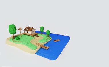 Göl kenarında ağaçları olan kırsal bir evi olan renkli bir manzara. Yazlık ev, emlak konsepti afişi. Gri bir arka planda, gölün kıyısındaki bir evin 3 boyutlu görüntüsü. 3B resimleme.