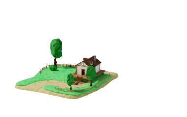 Ağaçlı kırsal bir ev manzarası. Yazlık ev, emlak konsepti afişi. Üç boyutlu modelleme ve beyaz arka planda izole edilmiş çitli bir ev görselleştirme. 3B resimleme.