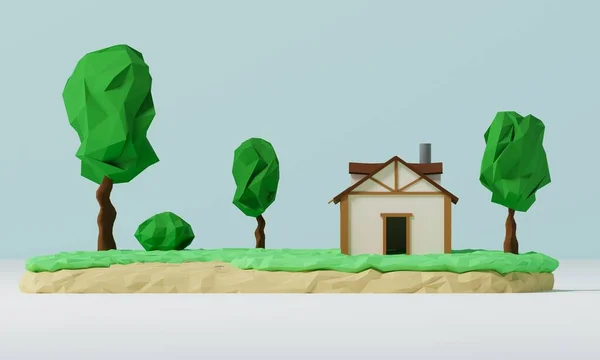 木のある田舎の家の風景 夏の家 不動産のコンセプトバナー 草のある家の3Dモデリングと可視化 3Dレンダリング図 — ストック写真