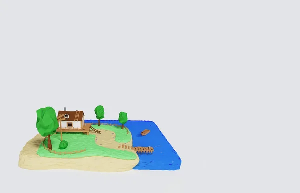 湖のそばに木のある田舎の家とカラフルな風景 夏の家 不動産のコンセプトバナー 灰色の背景に隔離された湖によって家の3Dレンダリング 3Dレンダリング図 — ストック写真