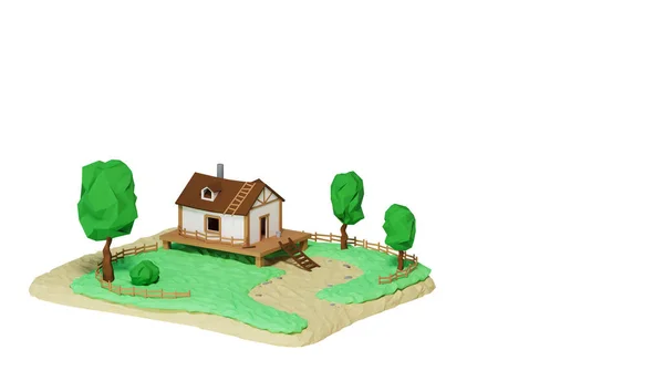 Landscape with a rural house with trees. Summer house, real estate concept banner. 3D modeling and visualization of a house with a fence isolated on a white background. 3D rendering illustration.