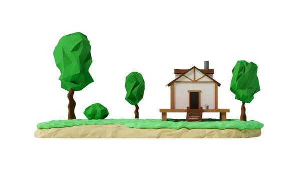 木のある田舎の家の風景 夏の家 不動産のコンセプトバナー 白い背景に孤立した草を持つ家の3Dモデリングと可視化 3Dレンダリング図 — ストック写真
