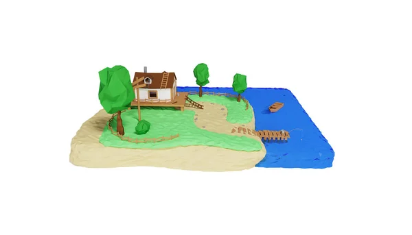 湖のそばに木がある農家とカラフルな風景 夏の家 不動産のコンセプトバナー 白い背景に隔離された湖による家の3D可視化 3Dレンダリング図 — ストック写真