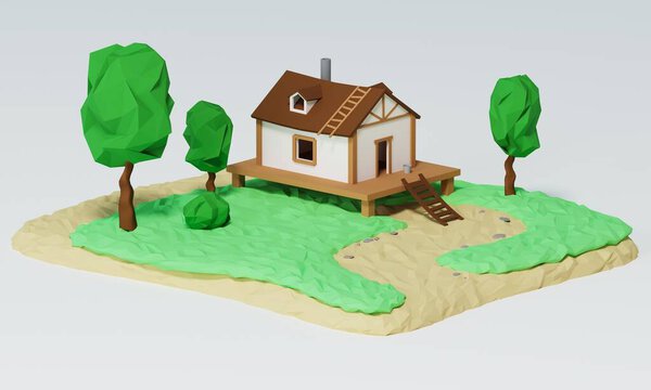 Пейзаж с деревенским домом с деревьями. Летний дом, баннер с концепцией недвижимости. 3D моделирование и визуализация дома с травой. 3D-рендеринг
.