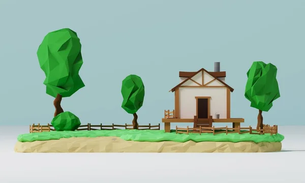 木のある田舎の家の風景 夏の家 不動産のコンセプトバナー 灰色の背景にフェンスで隔離された家の3Dモデリングと可視化 3Dレンダリング図 — ストック写真