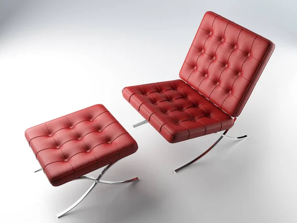 Italian chair and ottoman in red with metal legs in silver. Italian interior. 3D Modeling and visualization of the chair. 3D rendering