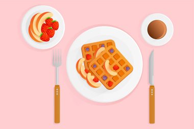 Kahvaltının vektör çizimi. Kahveli waffle ve böğürtlenli pembe arka plan. Böğürtlenli, çilekli ve şeftalili Belçika waffle 'ları. Düz tasarım tarzı. Kahvaltı konsepti.