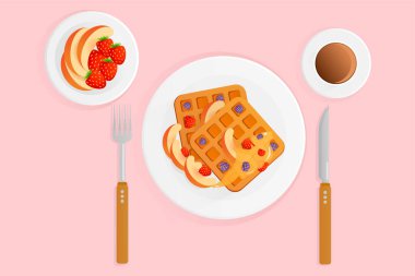Kahvaltının vektör çizimi. Kahveli waffle ve böğürtlenli pembe arka plan. Böğürtlenli Belçika waffle 'ı, çilekli ve reçelli şeftalili. Düz tasarım tarzı. Kahvaltı konsepti.
