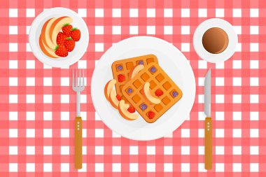 Kahvaltının temsili kırmızı kareli masa örtüsü üzerinde kahve gözlemeleri ve böğürtlenlerle. Böğürtlenli, çilekli ve şeftalili Belçika waffle 'ları. Düz tasarım tarzı. Kahvaltı konsepti.