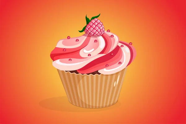 Cupcake Aux Framboises Sur Fond Orange Illustration Vectorielle Cupcake Concept — Image vectorielle