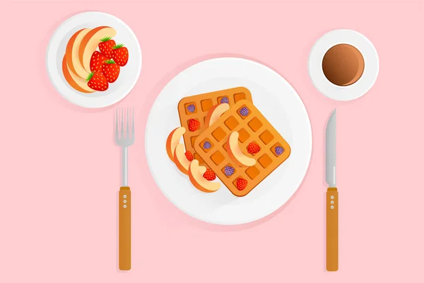 Vector Illustration Breakfast Coffee Waffles Berries Pink Background Belgian Waffles — Stock Vector