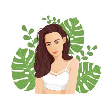 Beyaz bluzlu, egzotik yapraklı esmer kız. Bir kızın vektör çizimi. Karakter tasarım konsepti. Reklam, afiş, şablon, broşür, kartpostal için bir kızın resmi.