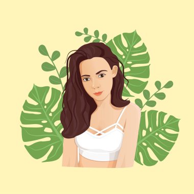 Beyaz bluzlu, egzotik yapraklı esmer kız. Bir kızın vektör çizimi. Karakter tasarım konsepti. Reklam, afiş, şablon, broşür, kartpostal için bir kızın resmi.