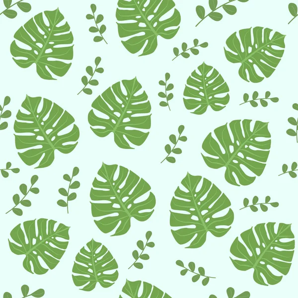 Hojas Verdes Monstera Ramitas Sobre Fondo Azul Para Papel Pintado — Vector de stock