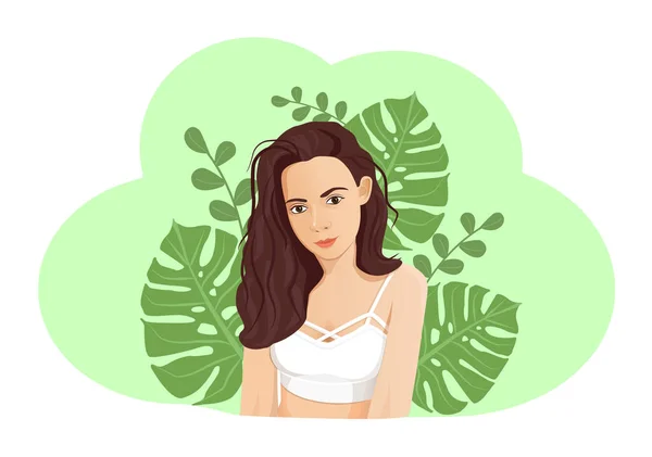 Chica Morena Top Blanco Sobre Fondo Hojas Exóticas Ilustración Vectorial — Vector de stock