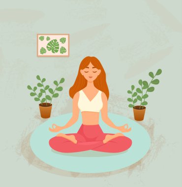Kızıl saçlı kadın evdeki mavi halıda lotus pozisyonunda yoga yapıyor. Asana yapan bir kadının vektör çizimi. Yoga, meditasyon, spor, sağlıklı yaşam tarzı..