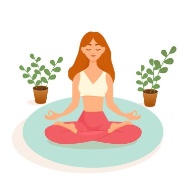 Kızıl saçlı kadın, beyaz arka planda mavi bir paspasın üzerinde nilüfer pozisyonunda yoga yapıyor. Asana yapan bir kadının vektör çizimi. Yoga, meditasyon, spor, sağlıklı yaşam tarzı.