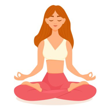 Kızıl saçlı kadın nilüfer pozisyonunda yoga yapıyor. Asana yapan bir kadının vektör çizimi. Yoga, meditasyon, spor, sağlıklı yaşam tarzı. Genç ve mutlu kadın meditasyon yapıyor..