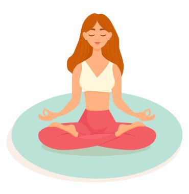 Kızıl saçlı kadın, beyaz arka planda mavi bir paspasın üzerinde nilüfer pozisyonunda yoga yapıyor. Asana yapan bir kadının vektör çizimi. Yoga, meditasyon, spor, sağlıklı yaşam tarzı.