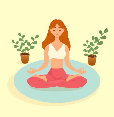 Kızıl saçlı bir kadın, sarı arka planda mavi bir halıda nilüfer pozisyonunda yoga yapıyor. Asana yapan bir kadının vektör çizimi. Yoga, meditasyon, spor, sağlıklı yaşam tarzı.